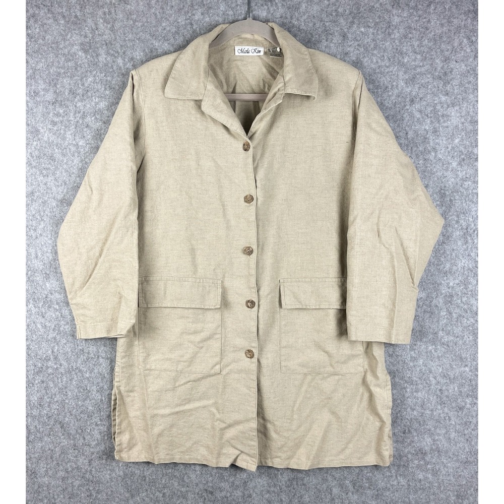 Marla Kim Long Jacket Womens Large Beige Linen Blend Lightweight Minimal Neutral